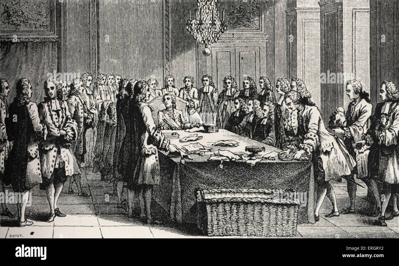 Louis XV, Re di Francia, che mantiene la tenuta in persona, per la prima volta, marzo 1757. Simbolo del potere politico sulla Foto Stock