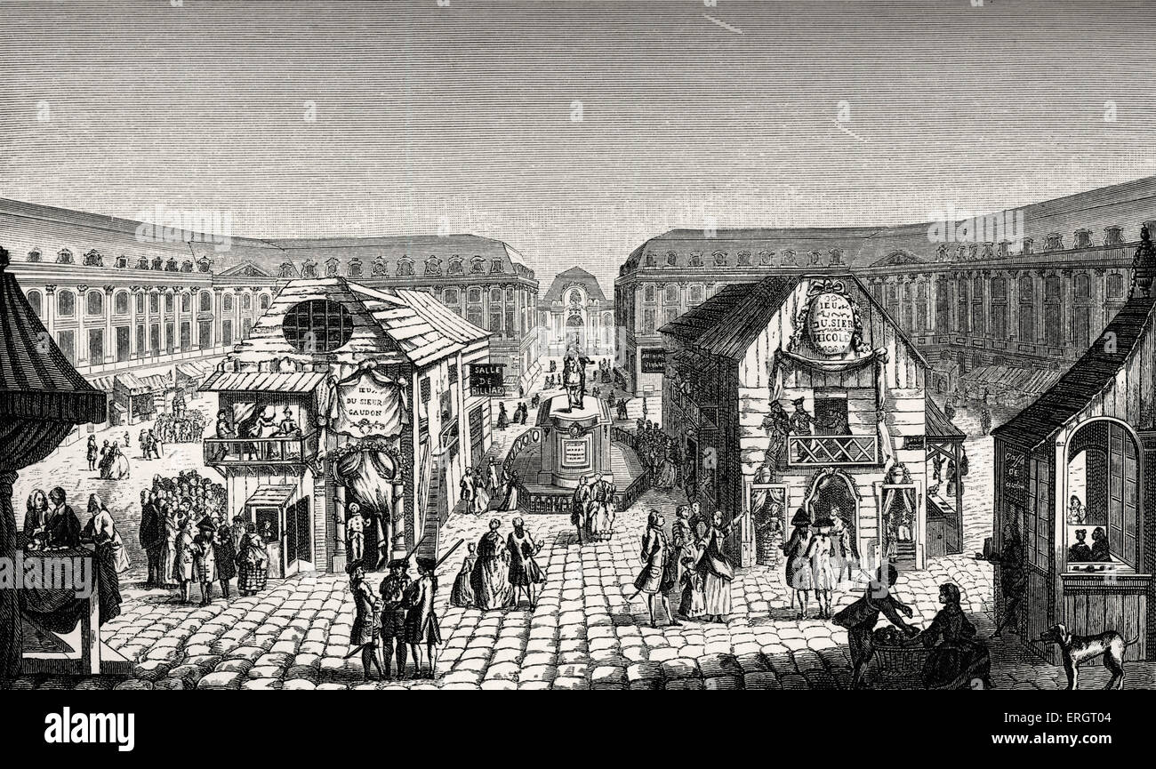 La vita quotidiana nella storia francese: la St Ovide Fair (fiera) sul luogo Louis-Le-Grand, Parigi, mostrando il XVIII secolo in Francia durante il Foto Stock