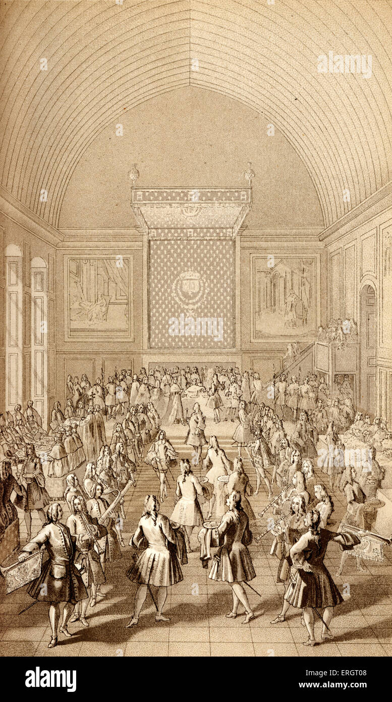 La monarchia nella storia francese: il banchetto di incoronazione di Luigi XV svoltasi nella gran sala del Palazzo Arcivescovile. Foto Stock
