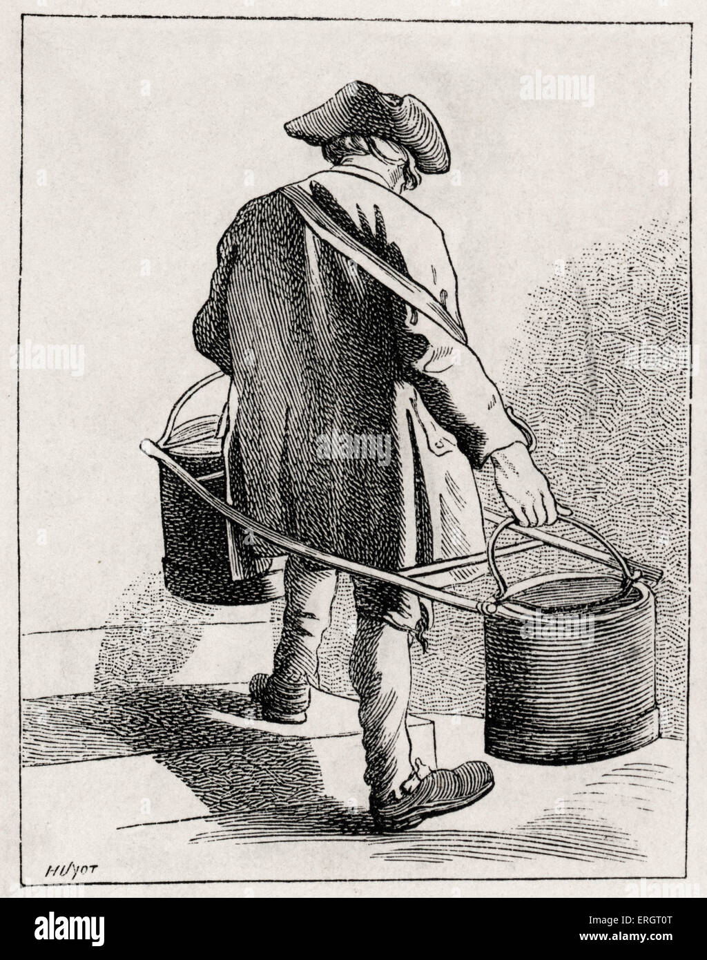 La vita quotidiana nella storia francese: un vettore acqua nel XVIII secolo a Parigi, Francia. Classe operaia, poveri, rustico, sostentamento, durante Foto Stock