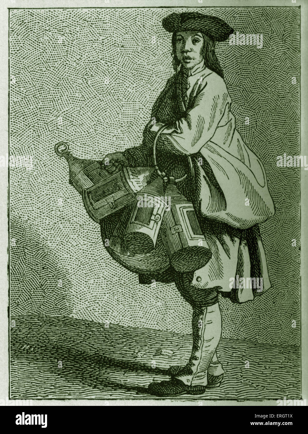 La vita quotidiana nella storia francese: una lanterna venditore nel XVIII secolo a Parigi, Francia. Classe operaia, poveri, rustico, sostentamento, durante Foto Stock