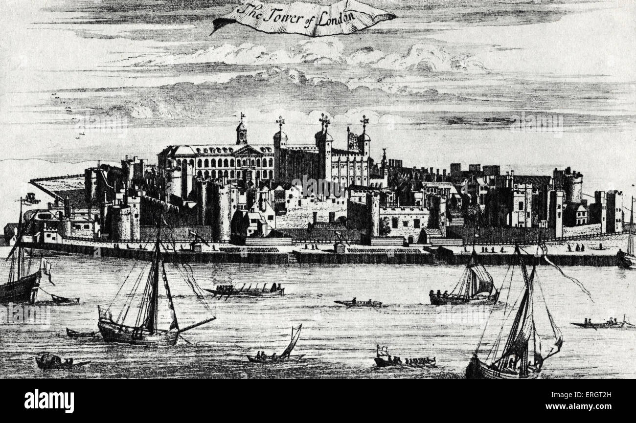 La Torre di Londra - Incisione dall ' Indagine di Londra e Westminster ' da John Stow pubblicato per la prima volta nel 1598. Foto Stock