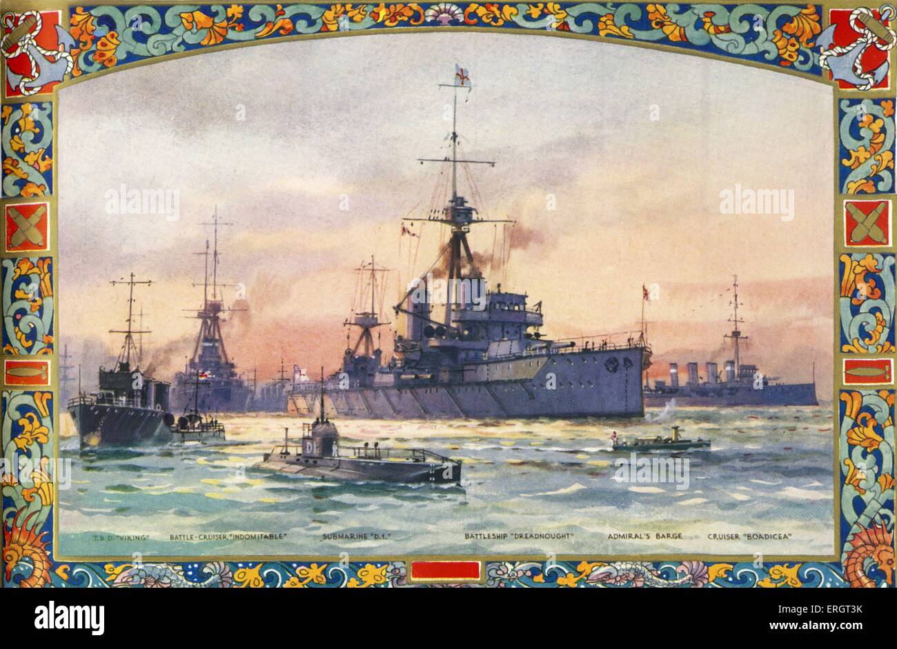 Corazzate in marina britannica all'inizio della Prima Guerra Mondiale - dalla pittura da C.E.Turner. Navi da l-r: T.B.D " Viking', Foto Stock