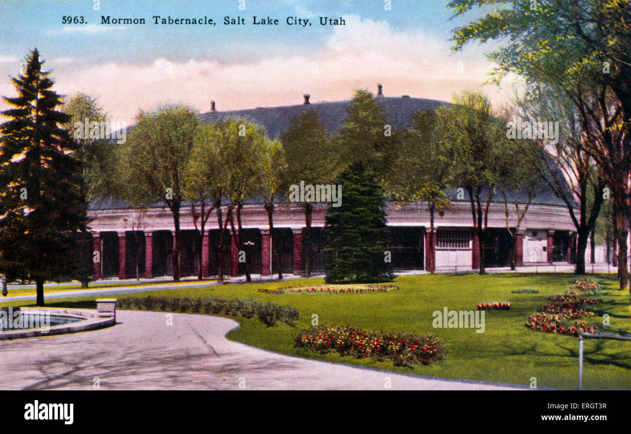 Il Mormon Tabernacle, Salt Lake City, Utah. Cartolina colorata di esterno dell'edificio. Foto Stock
