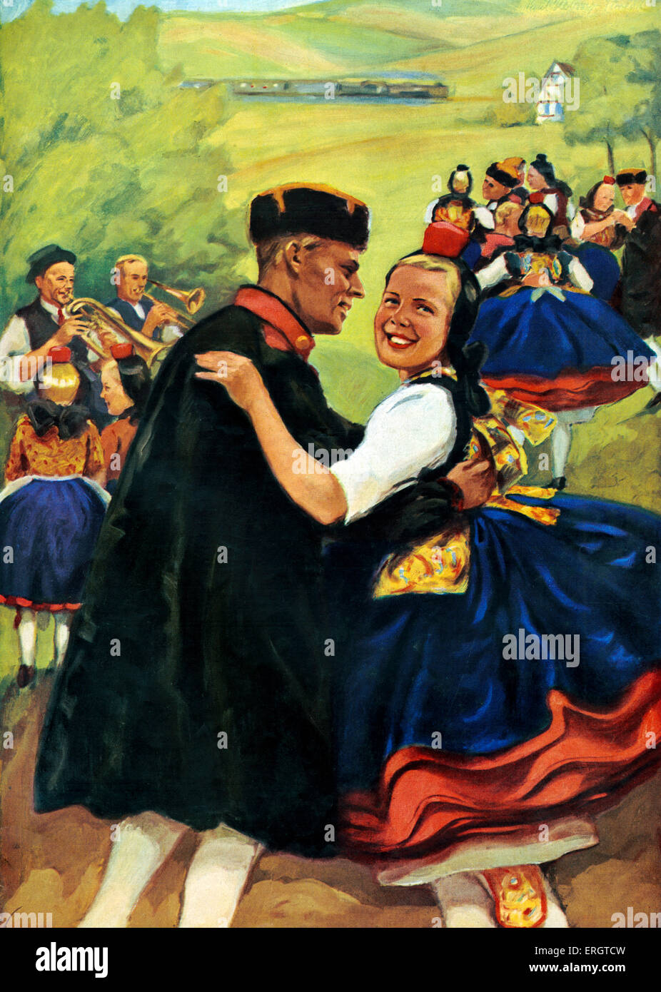 Tedesco ballerini folk - didascalia recita: Felice Germania - Dancing in the Schwalm. Coperchio del socialista nazionale opuscolo di viaggio. Foto Stock