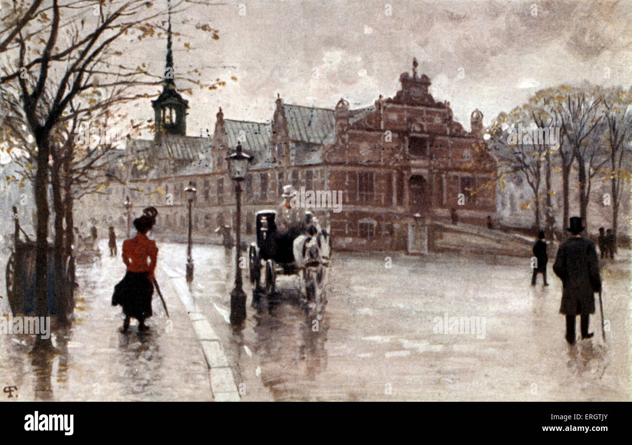 Borsa di Copenaghen, Danimarca, inizio 1900 's. Cavallo - carrozza la guida passato. Pedone indossando un cappello a cilindro. Foto Stock