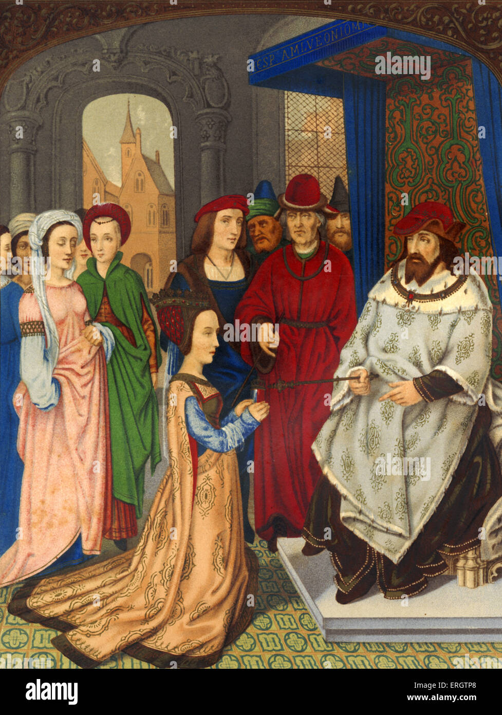 La regina di Saba prima di re Salomone - XV secolo i costumi. Scettro.  Sullo sfondo: cinque della regina 's assistenti femminili e cinque del re  's cortigiani. Illustrazione / stampare da