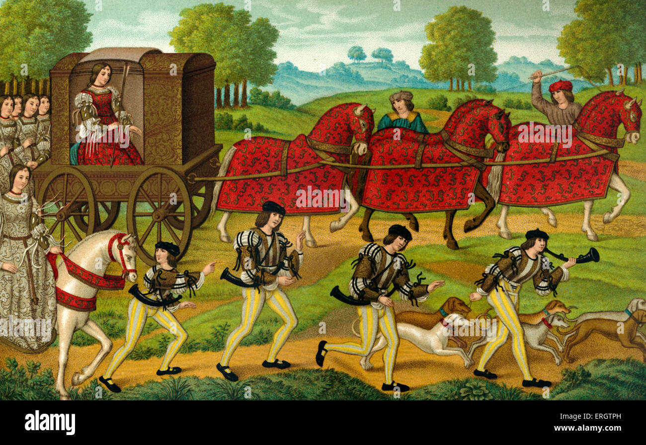 Onorevoli medievale caccia - carro trainato da cavalli accompagnato da diverse pagine suonare la tromba da caccia e da un gruppo di cani da caccia del XV secolo. Stampare da R. Kellerhoven. Foto Stock