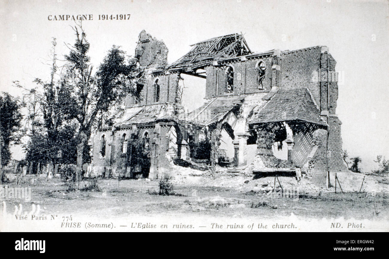 I Guerra Mondiale scena di battaglia- le rovine della chiesa di FRISE, SULLE SOMME Foto Stock