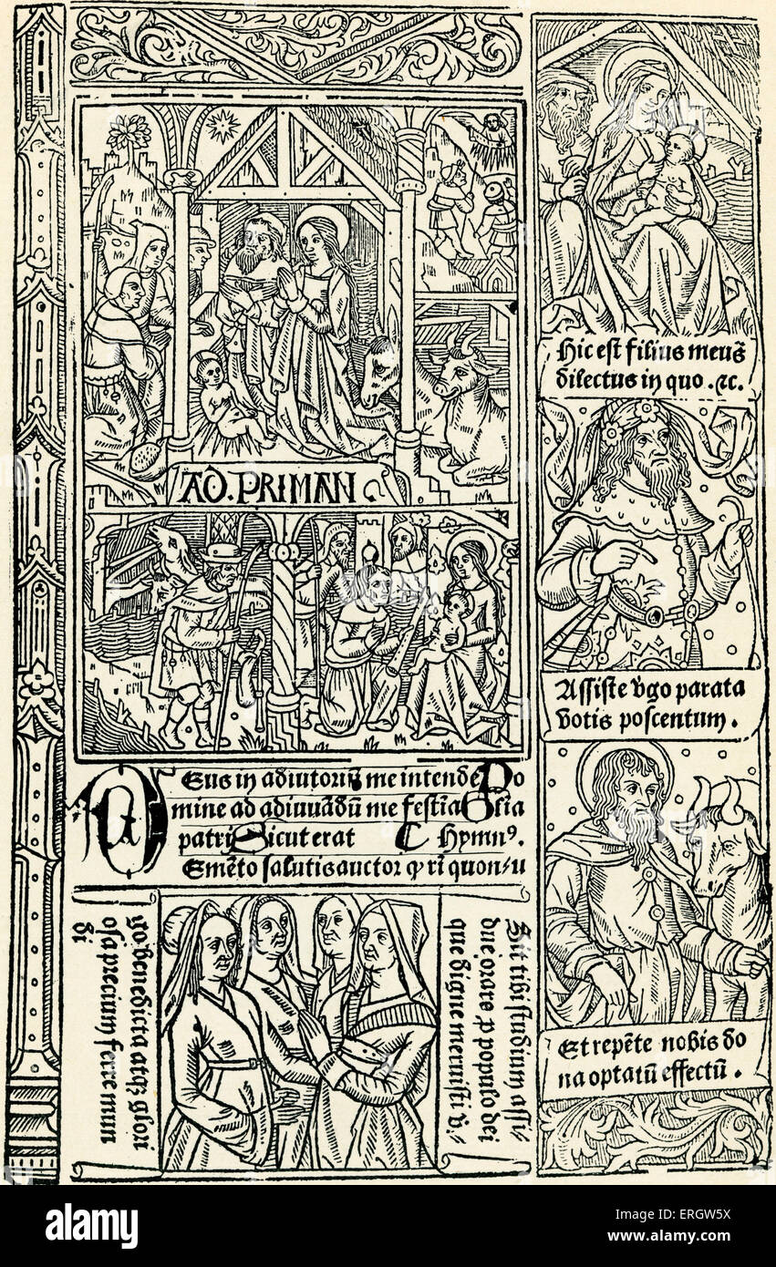 "Horae" (libro d ore) stampate da Antoine Verard c 1490. La didascalia recita: "hephards presentando i loro doni al Bambino Foto Stock