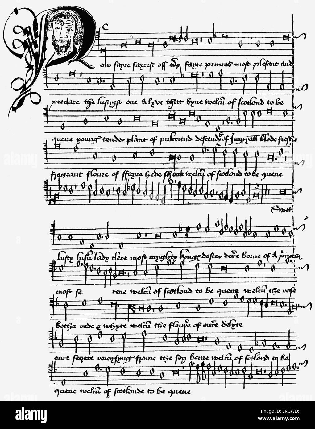 Canzone di benvenuto' ('Welcum di Scotlond da quene') per Margaret Tudor. Da William Dunbar. Il brano inizia: ' ora fayre, fayrest di ogni fayre, principi più amena e preclare…". Rm: poeta Scozzese, c 1460 - C 1520. MT: figlia maggiore di Enrico VII, sorella più grande di Enrico VIII, 28 novembre 1489 - 18 ottobre 1541. Foto Stock