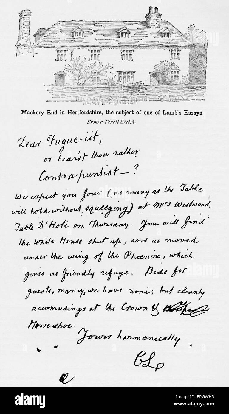 'Mackery fine' nel Hertfordshire, oggetto di uno di Charles Lamb dai saggi. Pagina del manoscritto. CL: inglese Foto Stock