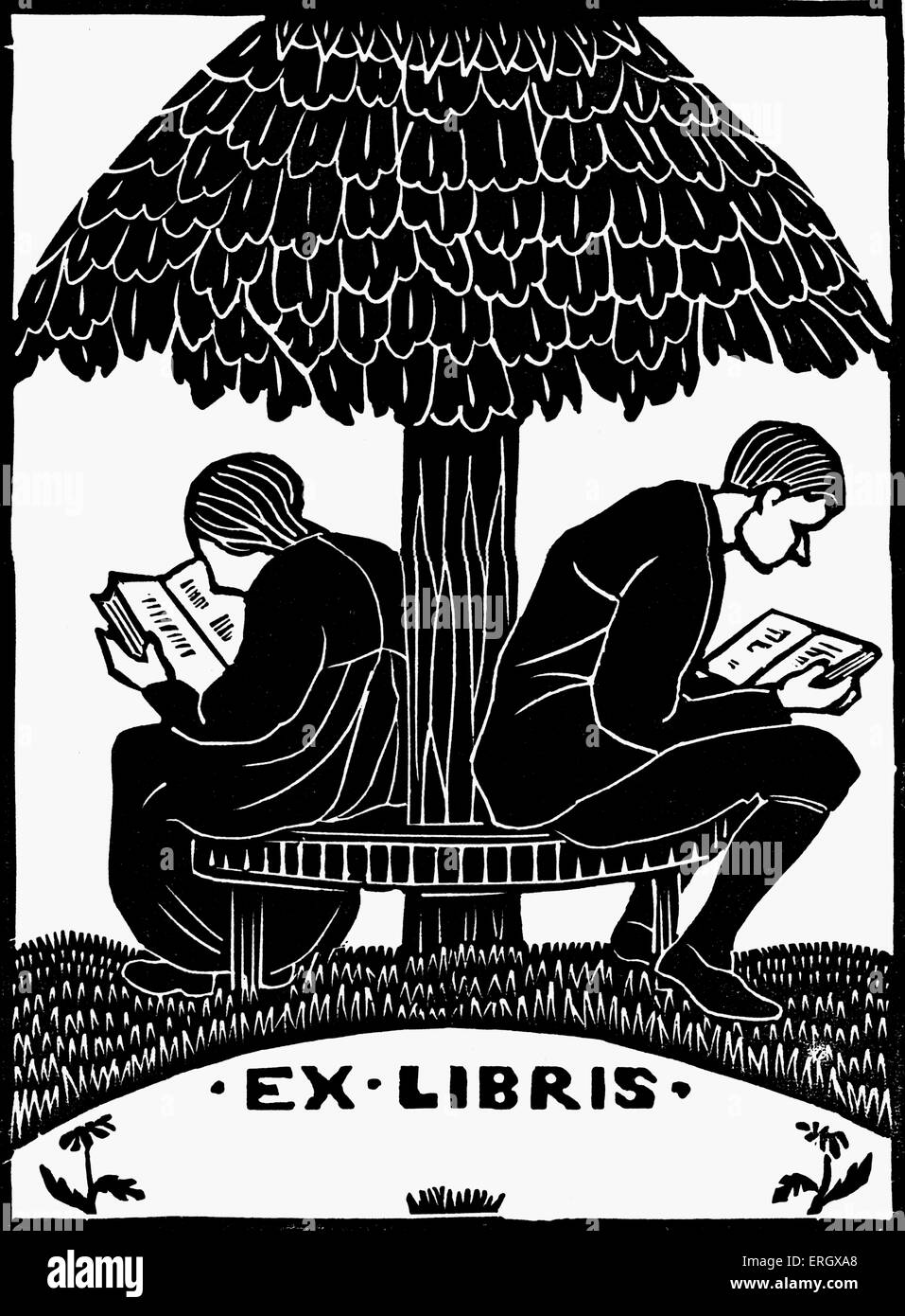 Ex libris design per libro. Paio di lettura su un banco, di schiena. Foto Stock