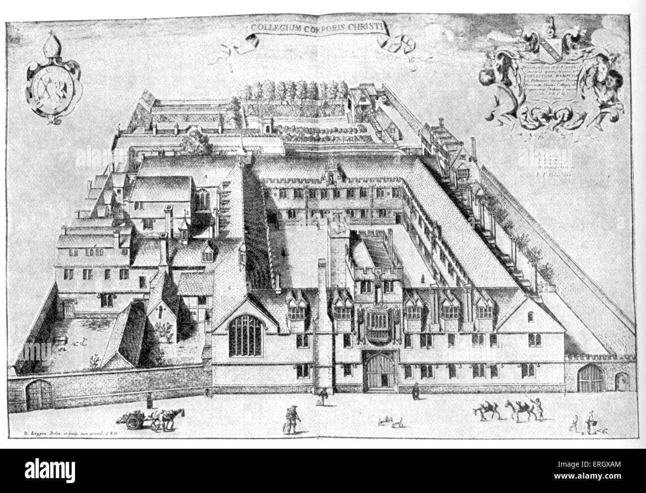 Il Corpus Christi College di Oxford: Fondata nel 1517 da Richard Foxe, il Vescovo di Winchester. Illustrazione di David Loggan. Foto Stock
