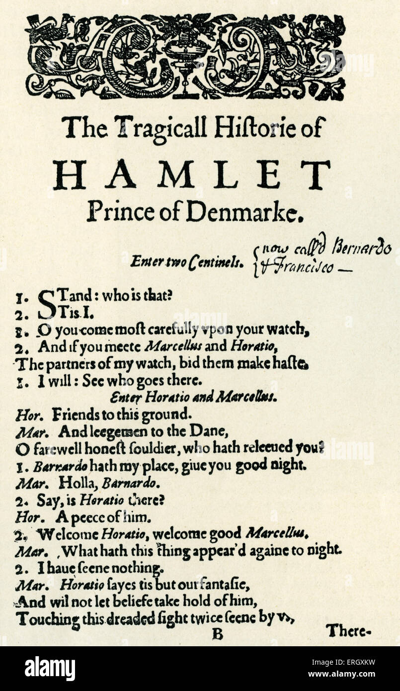 'Hamlet' : tragedia di William Shakespeare, scritta c 1599 - 1601. Pagina di apertura del primo quarto. 'L'Tragicall Historie di Foto Stock
