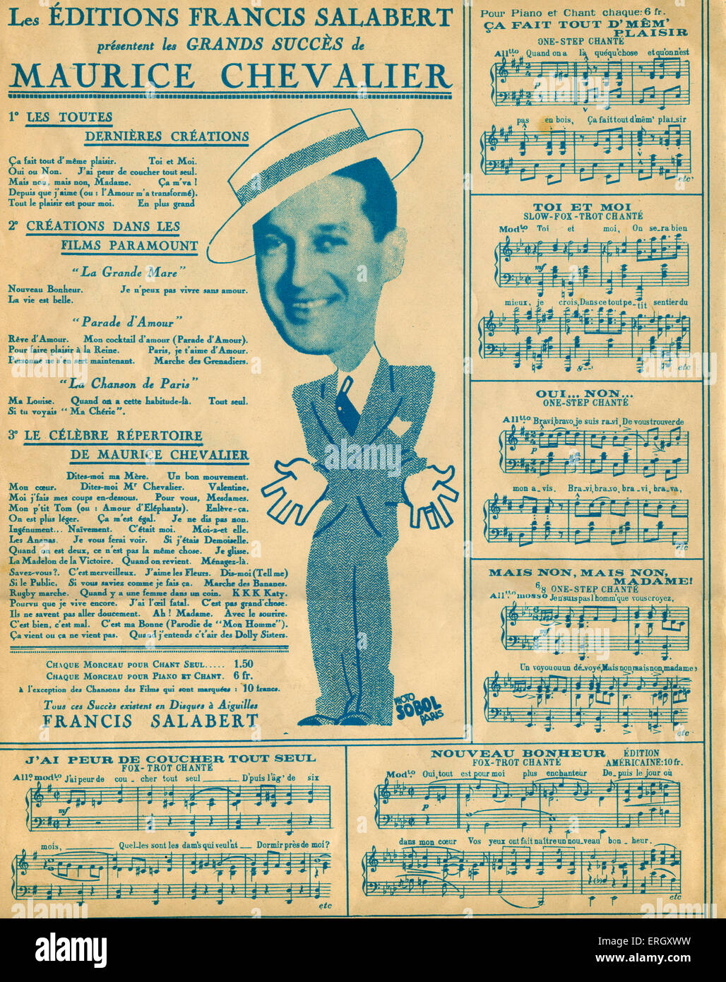 'Sou les allasua de Paris ": promozione di Maurice Chevalier, belga attore francese, cantante e intrattenitore popolare, 12 Settembre Foto Stock