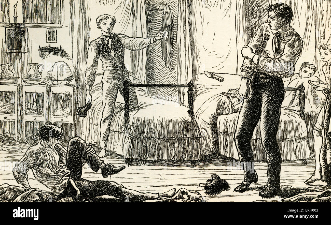 Tom Brown's School-Days, da Thomas Hughes, pubblicato per la prima volta nel 1857. La didascalia recita: 'Tom la prima difesa di Arthur.". Foto Stock