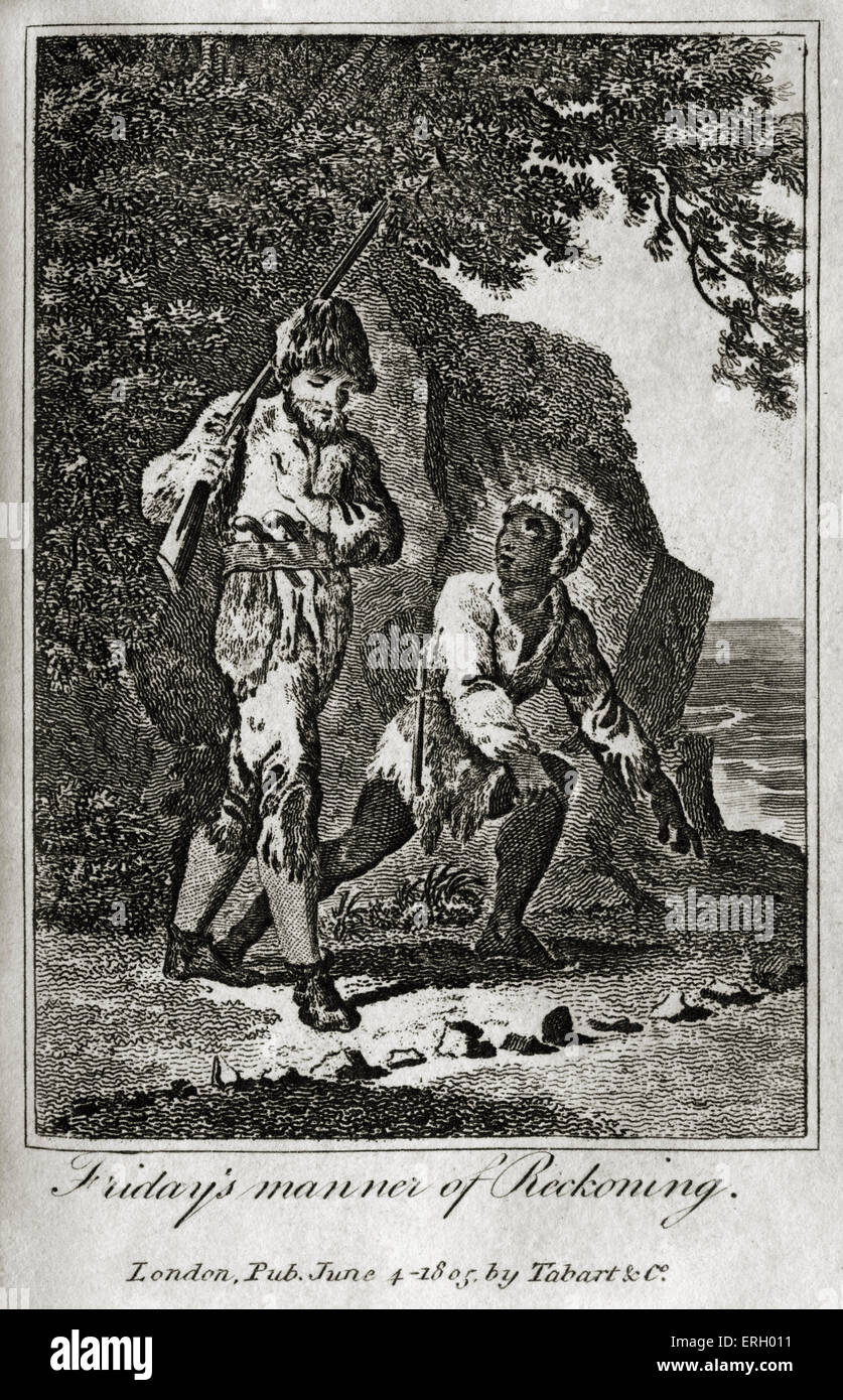 La vita e le avventure di Robinson Crusoe di Daniel Defoe.Caption legge 'Venerdì del modo di reckoning' . Primo publiished Foto Stock