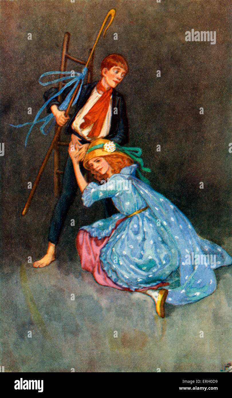 Hans Christian Andersen fiaba, pastorella e spazzacamino. La didascalia recita: "Cadde la pecoraia sulle sue ginocchia.". Foto Stock