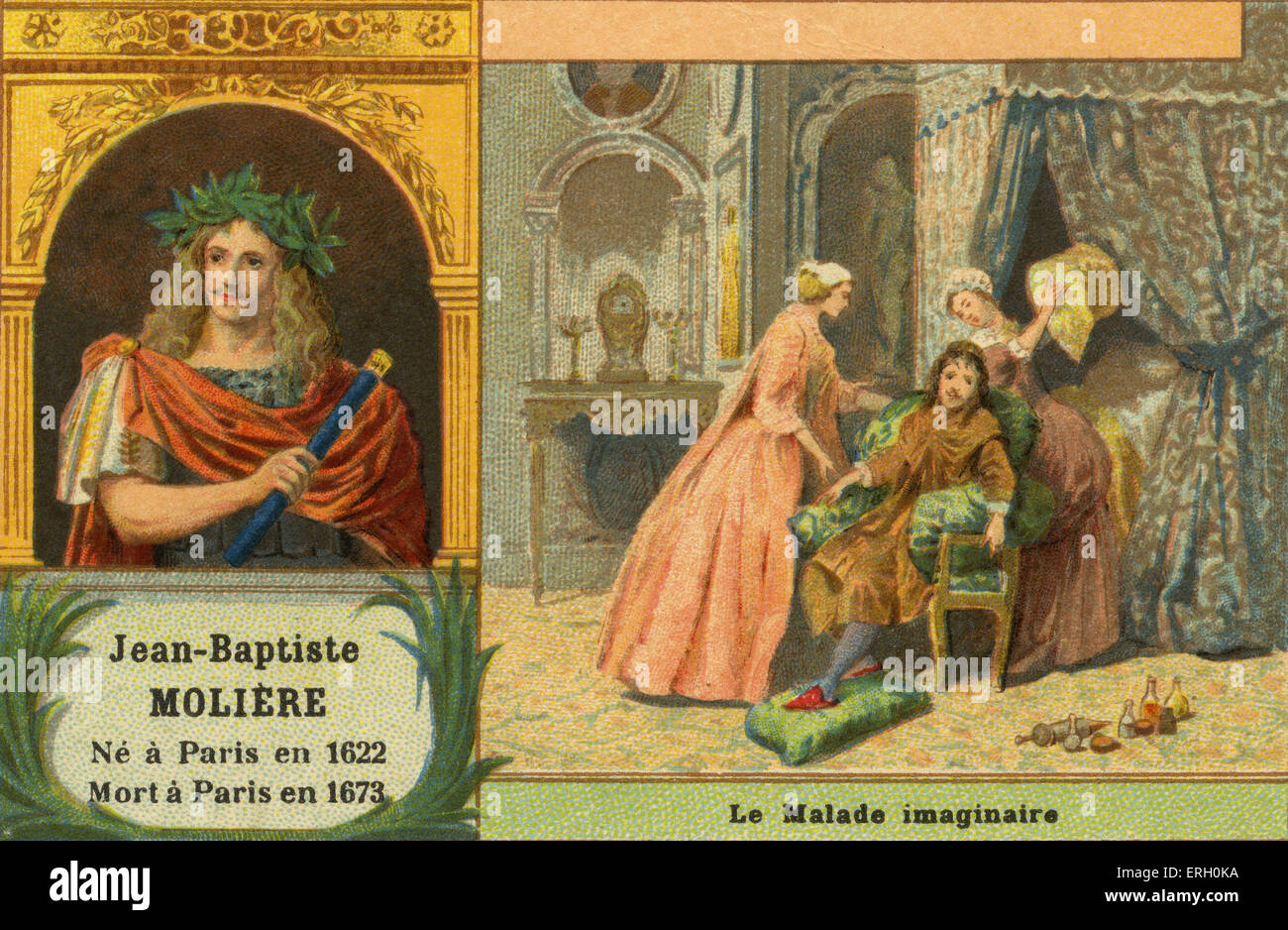 Molière nato Jean-Baptiste Poquelin. Scena da Le Malade Imaginaire / l'immaginario non valido e il ritratto del teatro francese scrittore, regista e attore di uno dei maestri del fumetto satira. 15 Gennaio 1622 - 17 Febbraio 1673 Foto Stock