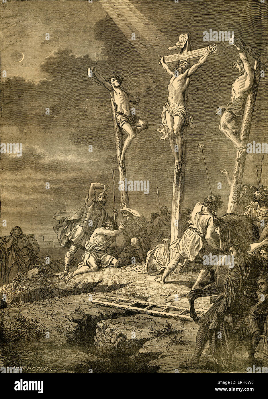 La crocifissione di Gesù Cristo, Matteo XXVII. Da Cassell illustrata della Bibbia in famiglia. Incisione di F. Philippotaux. Foto Stock