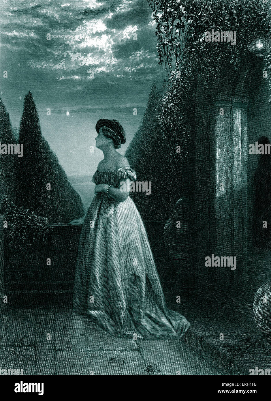 William Shakespeare 's play Romeo e Giulietta. Atto III, scena 2 - Giulietta sul balcone . "Giulietta: Vieni dolce notte'. Disegnato da Foto Stock
