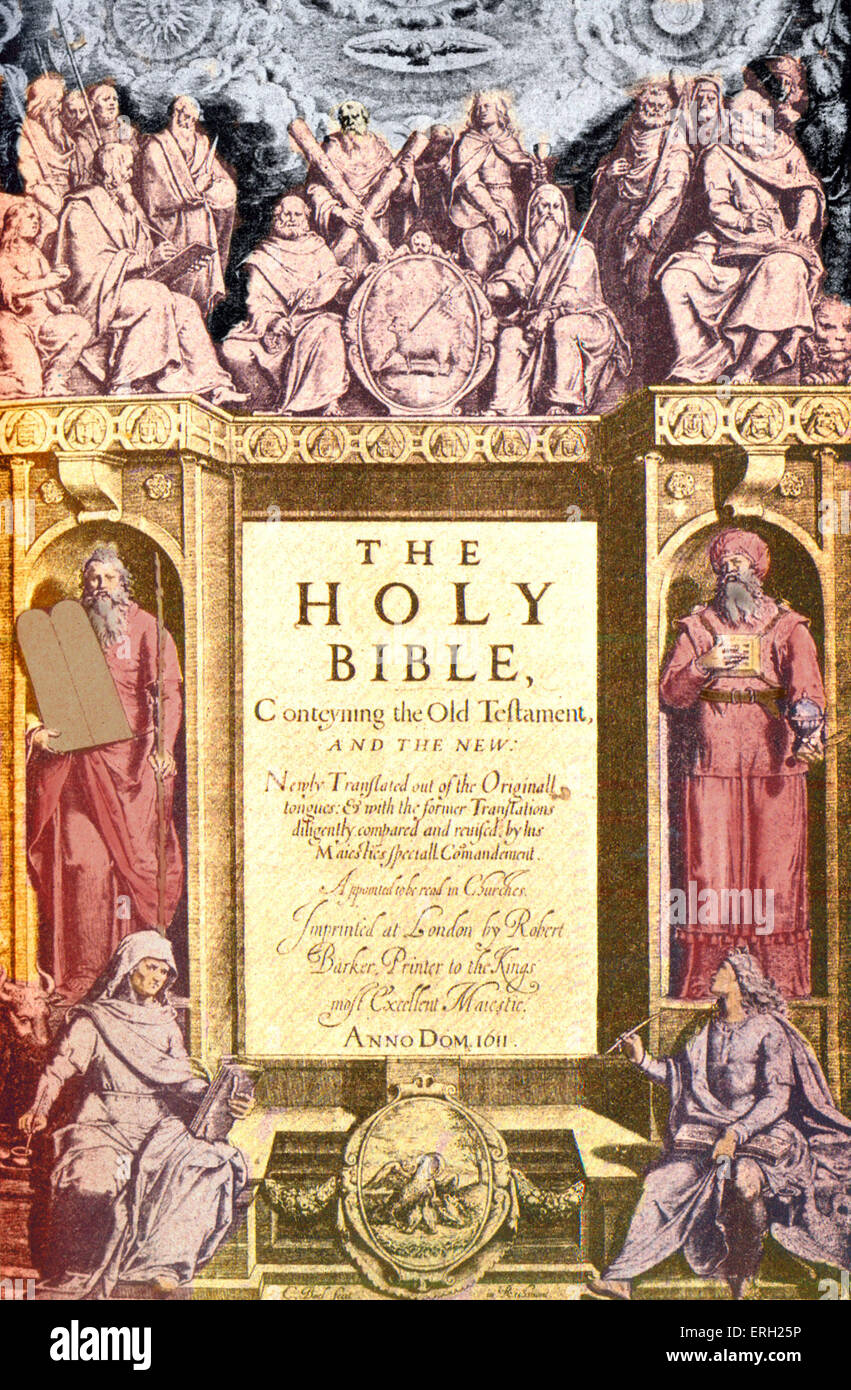 La Santa Bibbia pubblicata 1611 noto come il Re James' versione. Titlepage recita "La Sacra Bibbia, Conteyning l Antico Testamento Foto Stock