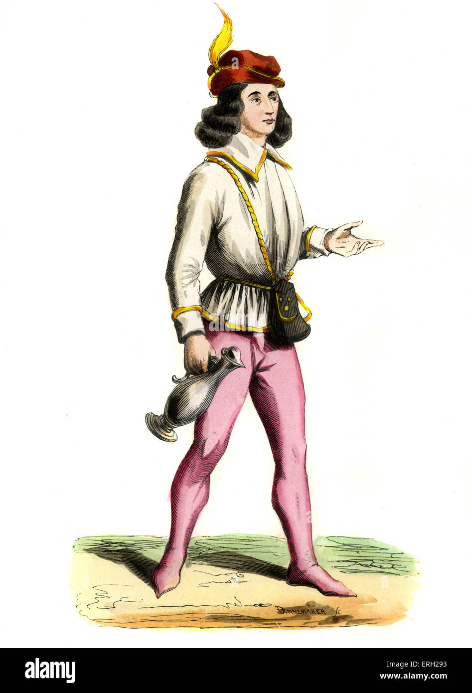 Giovane inglese Servizio nel regno di Edoardo IV d'Inghilterra. Indossa piuma è tappo, detiene il Bricco in peltro come avrebbe servito il vino. Foto Stock