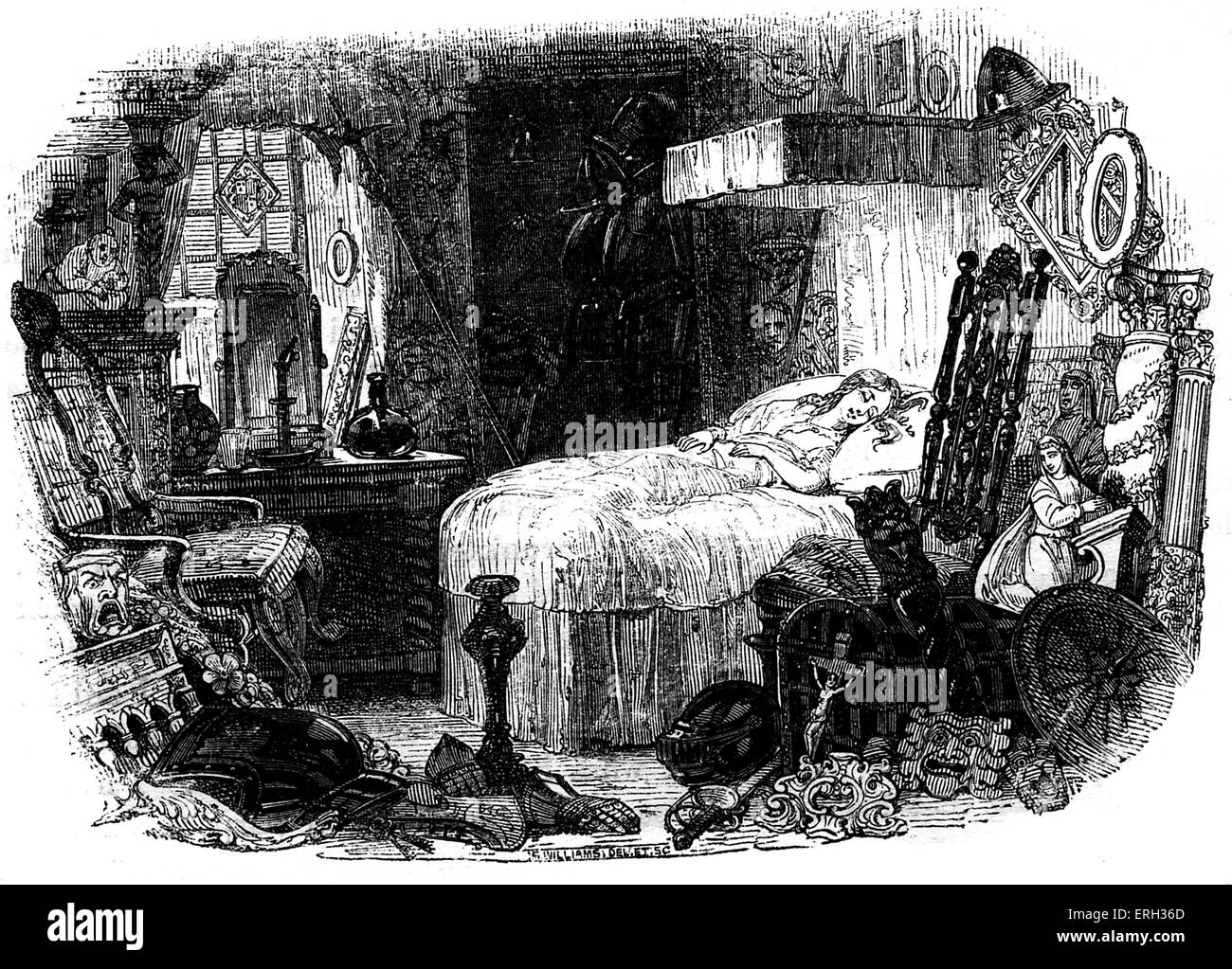 Charles Dickens 's "il vecchio negozio di curiosita'. Pubblicato per la prima volta 1841. Descrizione della scena: Little Nell in un sonno. Capitolo 1. Illustrazioni di Hablot K Browne - 'Phiz' (1815-1882), George Cattermole (1800-1868), Samuel Williams (1788-1853) e Daniel Maclise (1807-1870). CD: romanziere inglese 7 Febbraio 1812 - 9 giugno 1870 Foto Stock