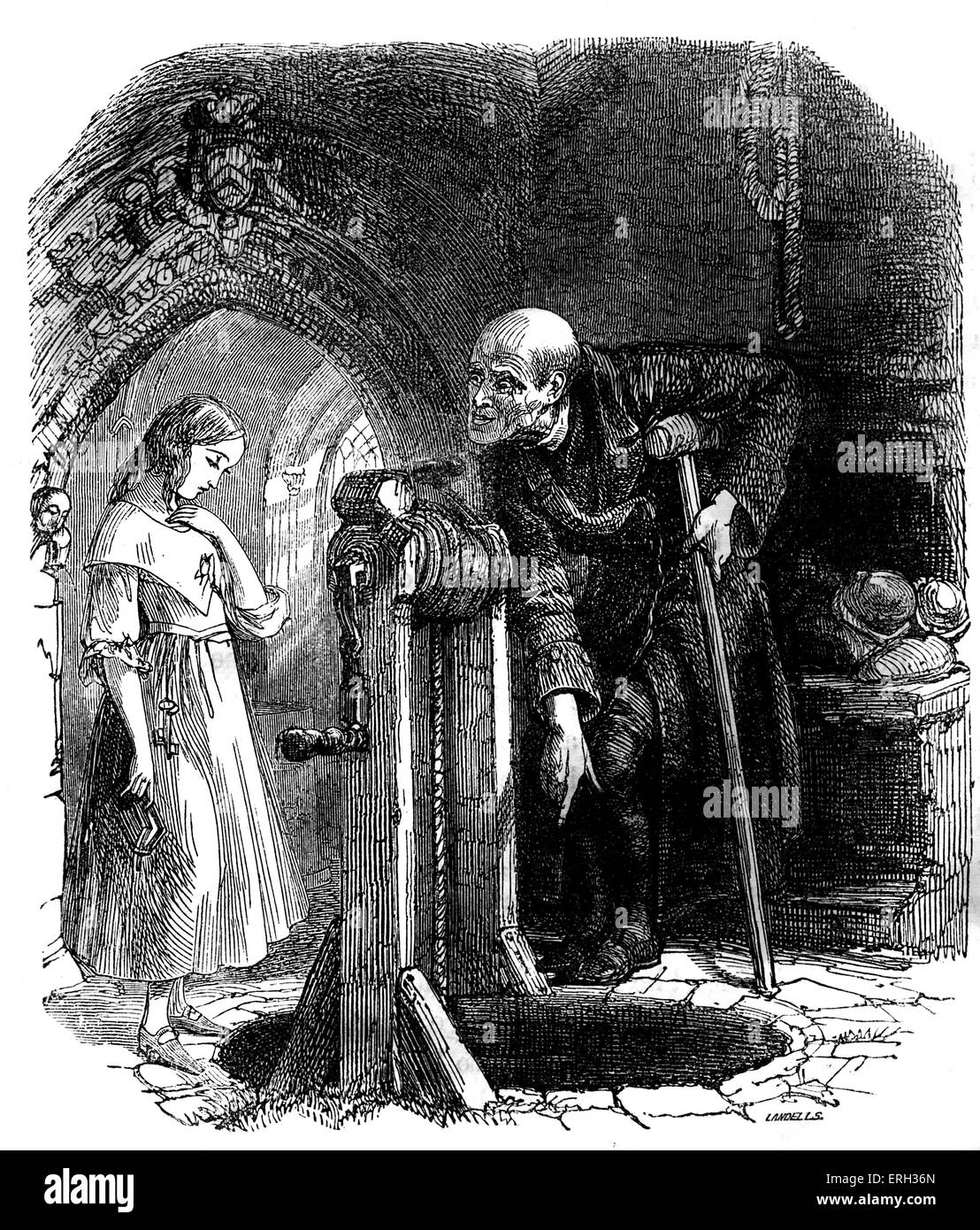 Charles Dickens 's "il vecchio negozio di curiosita'. Pubblicato per la prima volta 1841. Descrizione della scena: nellâ guarda il nero e luogo di orrore. Capitolo Fifty-Five. Illustrazione di Daniel Maclise (1806-1870). CD: romanziere inglese 7 Febbraio 1812 - 9 giugno 1870 Foto Stock