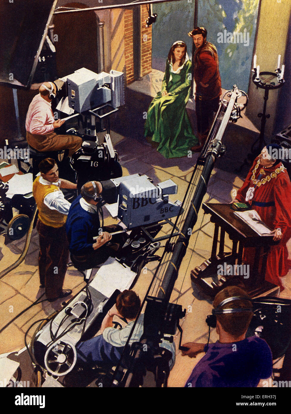 Il BBC Television studio, agli inizi degli anni cinquanta. Troupe, boom microfoni, attori nel dramma shakespeariano. Illustrazione da sconosciuto Foto Stock