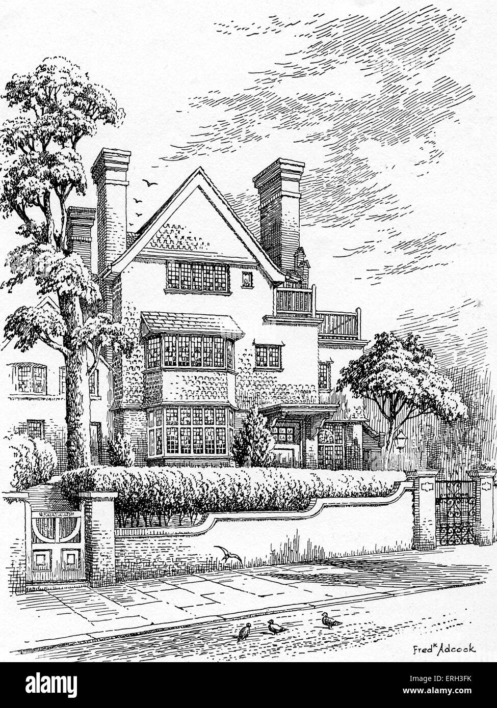 Casa del Kate Greenaway, inglese libro per bambini illustratore e scrittore, 17 marzo 1846 - 6 novembre 1901. Disegno della sua casa in Frognal, Hampstead da Federico Adcock (date non noto). Foto Stock