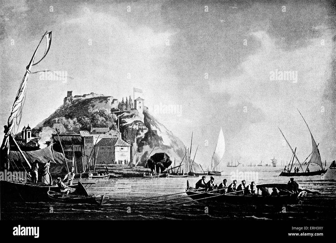 Il porto di Lisbona - 1793. Disegnata da Noel, incise dai pozzetti. La barca a vela e barche a remi. Foto Stock