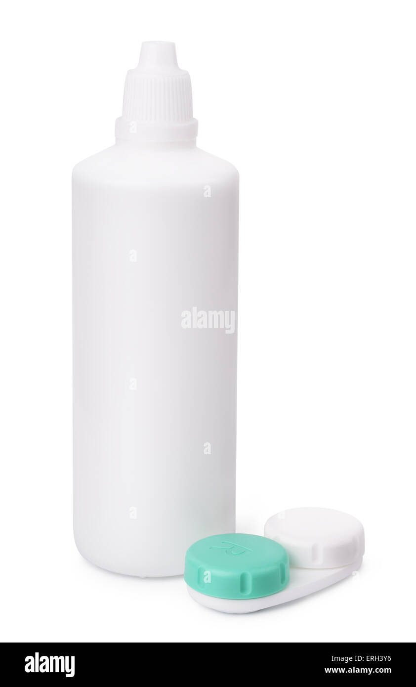 Le lenti a contatto della soluzione di storage e caso isolato su bianco Foto Stock