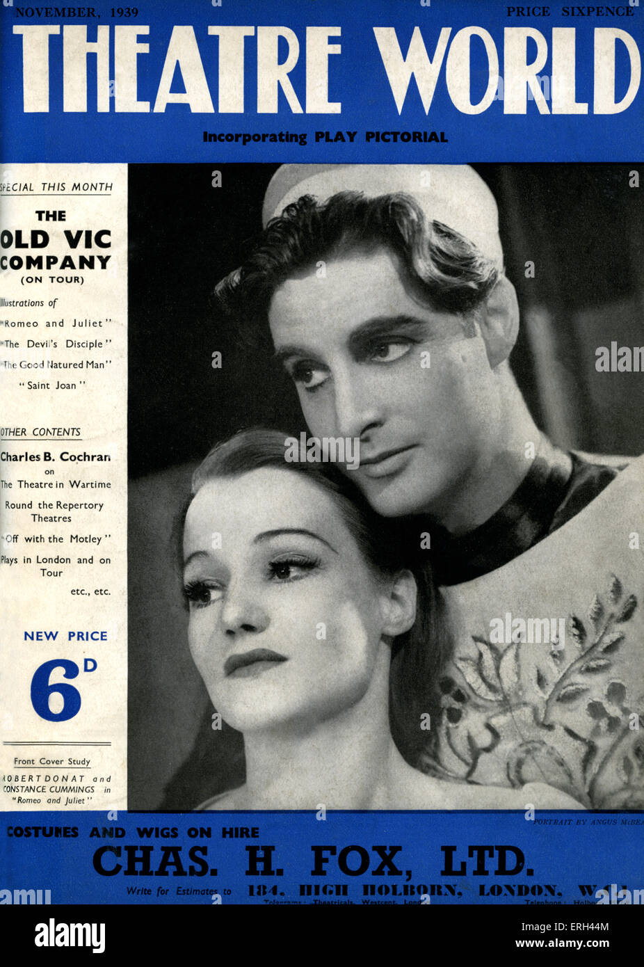"Giulietta e Romeo" di William Shakespeare con Robert Donat e Constance Cummings presso la Old Vic, Londra, novembre 1939. Coperchio Foto Stock