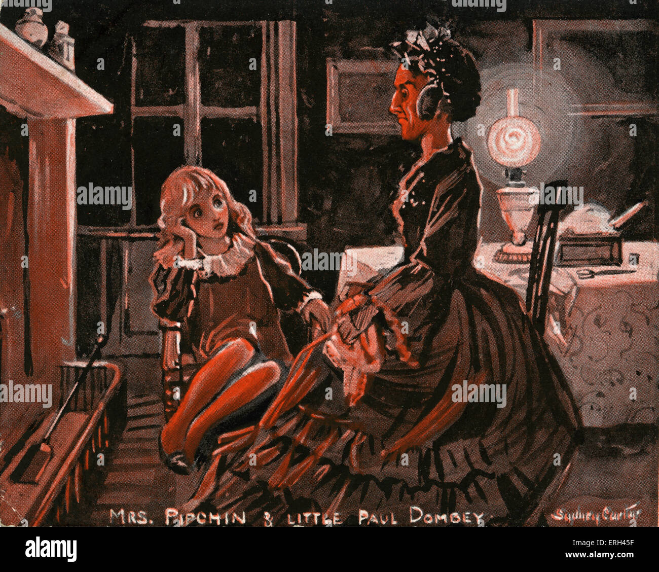 Charles Dickens ' 'Dombey e figlio". La signora Pipchin e poco Paul Dombey. Illustrazione di Sydney Carter. CD, romanziere inglese: 7 febbraio 1812 - 9 giugno 1870. Foto Stock