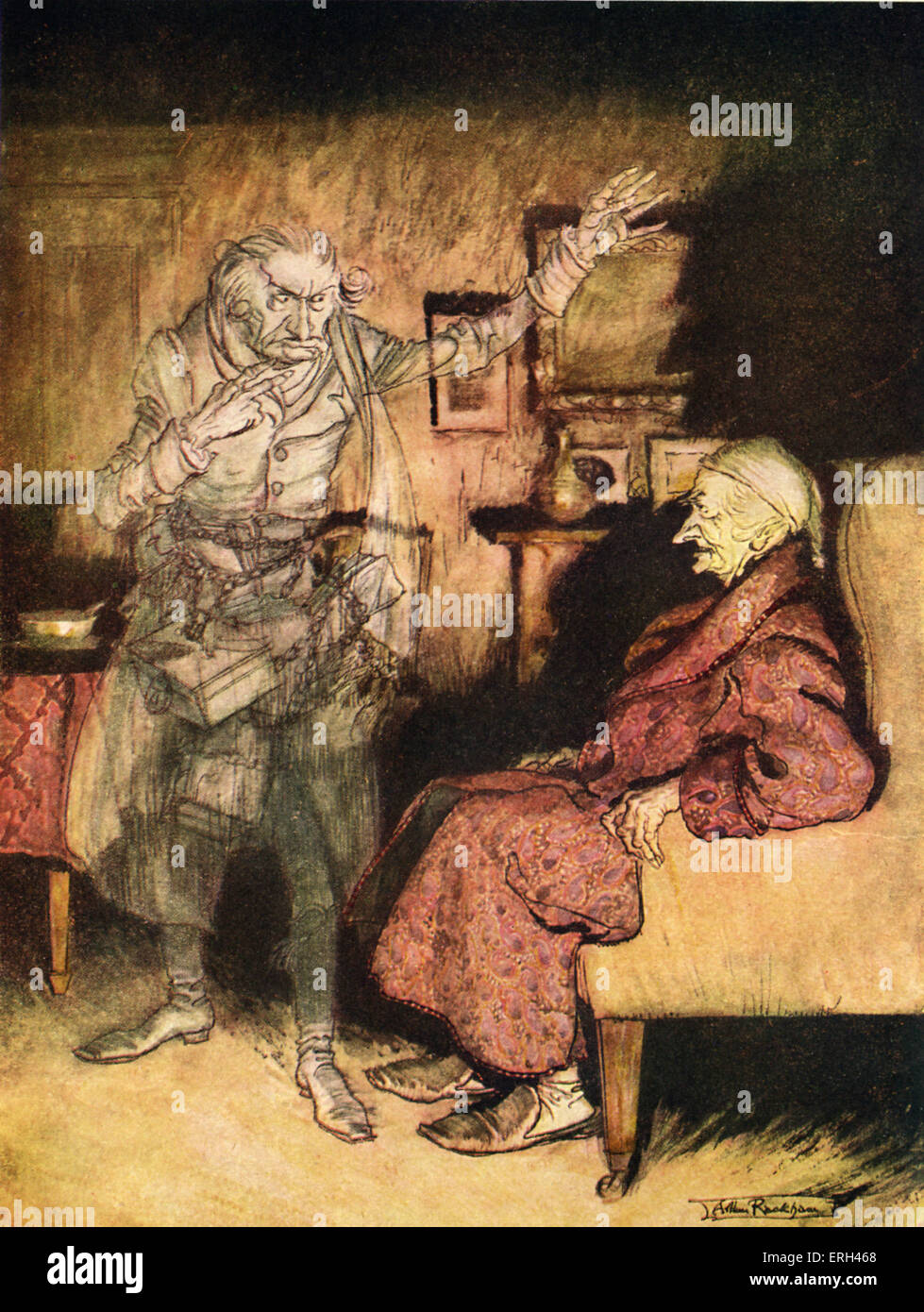 Charles Dickens 's "A Christmas Carol". "Cosa vuoi fare con me?' Scrooge viene visitato da Marley's ghost. Illustrazione di Arthur Rackham, 1867-1939. CD, romanziere inglese: 7 febbraio 1812 - 9 giugno 1870. Foto Stock