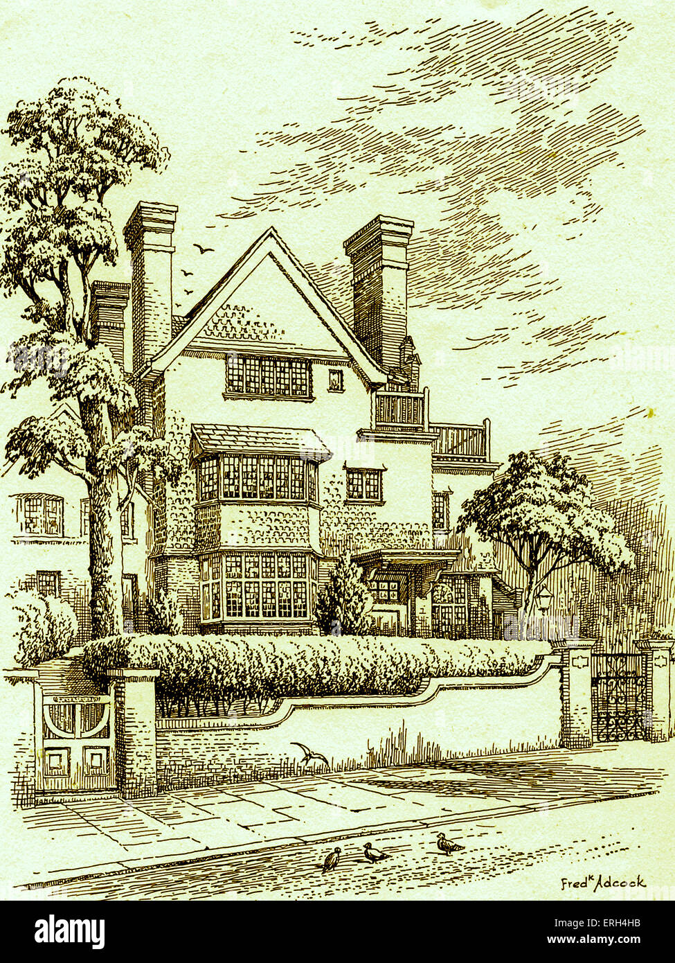 Casa del Kate Greenaway, inglese libro per bambini illustratore e scrittore, 17 marzo 1846 - 6 novembre 1901. Disegno della sua casa in Frognal, Hampstead da Federico Adcock (date non noto). Versione oscurata. Foto Stock
