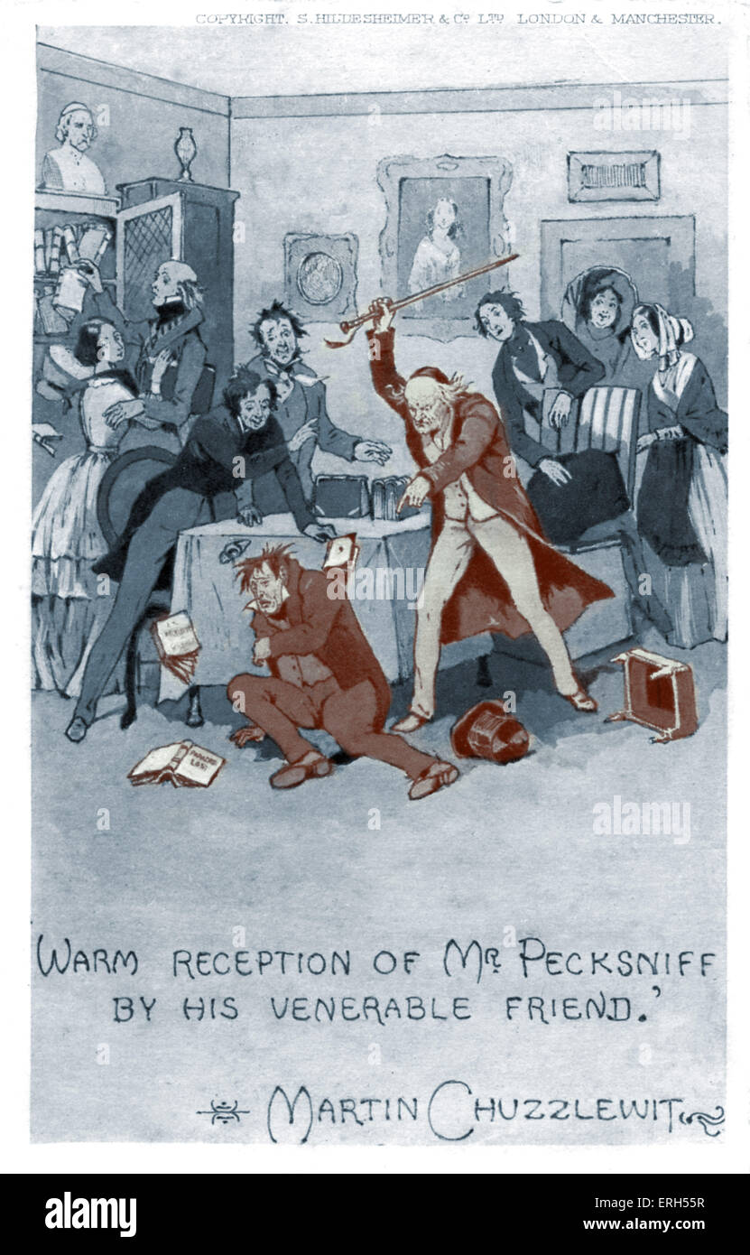 Charles Dickens' 'Martin Chuzzlewit'. Vecchia Martin batte il sig. Pecksniff con un bastone. Didascalia: 'la calorosa accoglienza del sig. Pecksniff Foto Stock