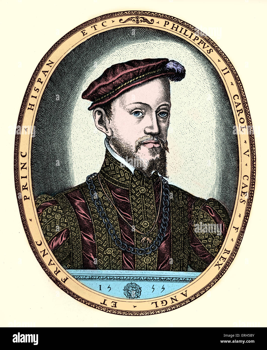 Filippo II di Spagna - ritratto. Incisione di F. Hogenburg, 1555. 21 Maggio 1527 - 13 settembre 1598. Felipe II. Colorised Foto Stock