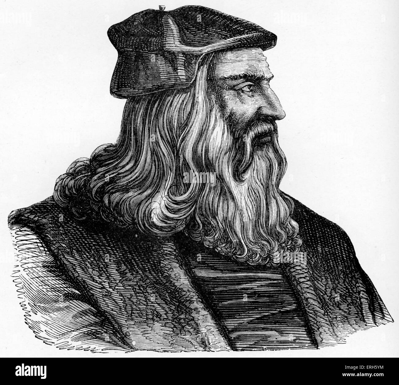 Leonardo da Vinci - Italian Renaissance pittore, scultore, scrittore, scienziato, architetto e ingegnere. Veneziano di incisione Foto Stock