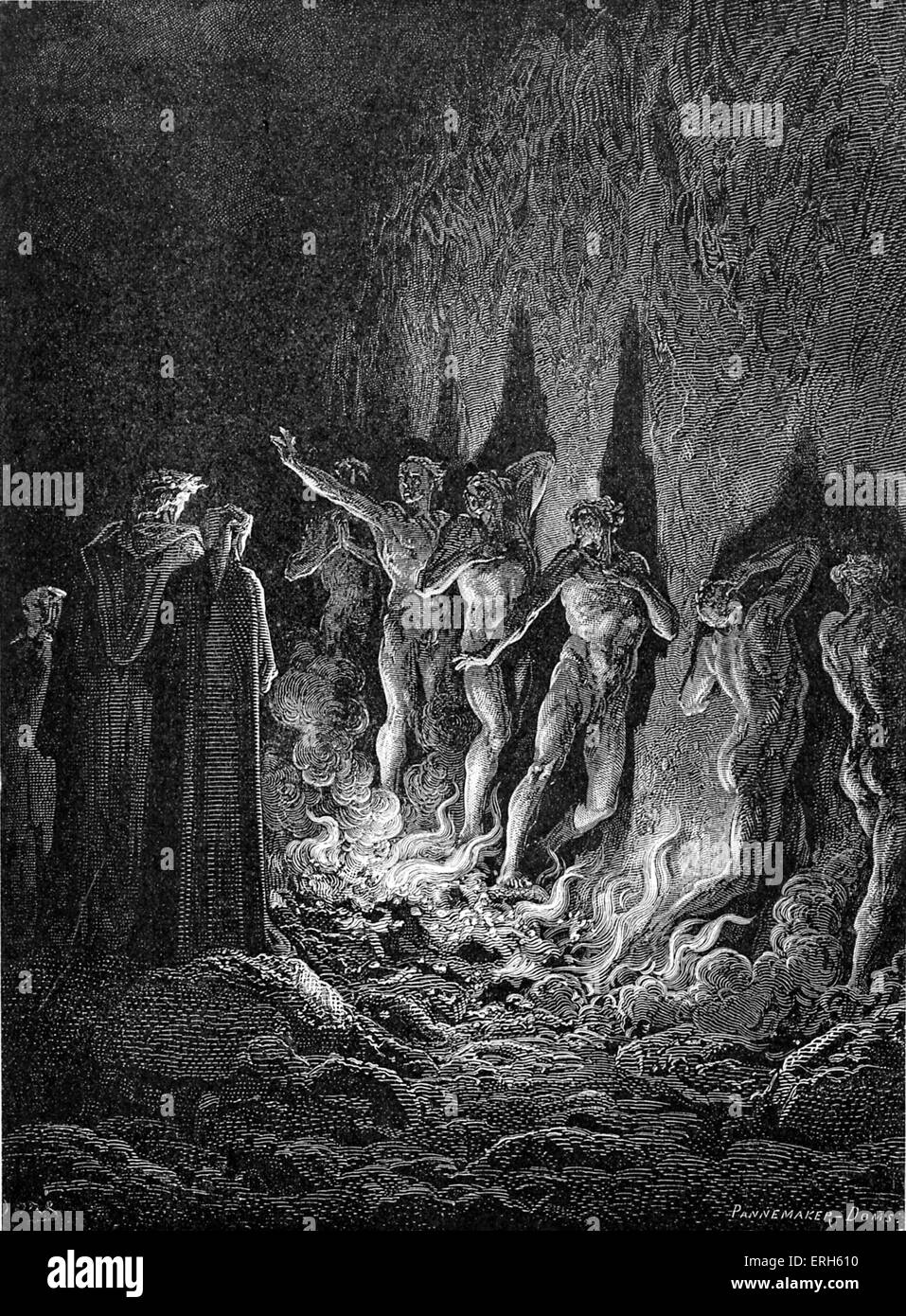 Dante di purgatorio, parte della sua Divina Commedia. Illustrazione di Gustave Doré. Didascalia: "E quando ho visto spiriti lungo la fiamma Foto Stock