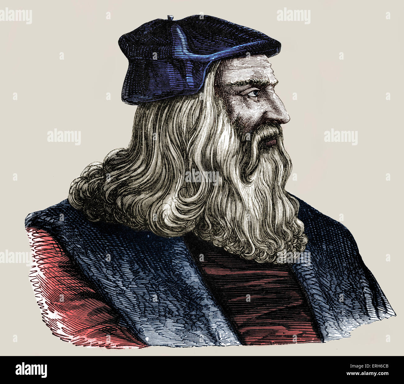 Leonardo da Vinci - Italian Renaissance pittore, scultore, scrittore, scienziato, architetto e ingegnere. Veneziano di incisione Foto Stock