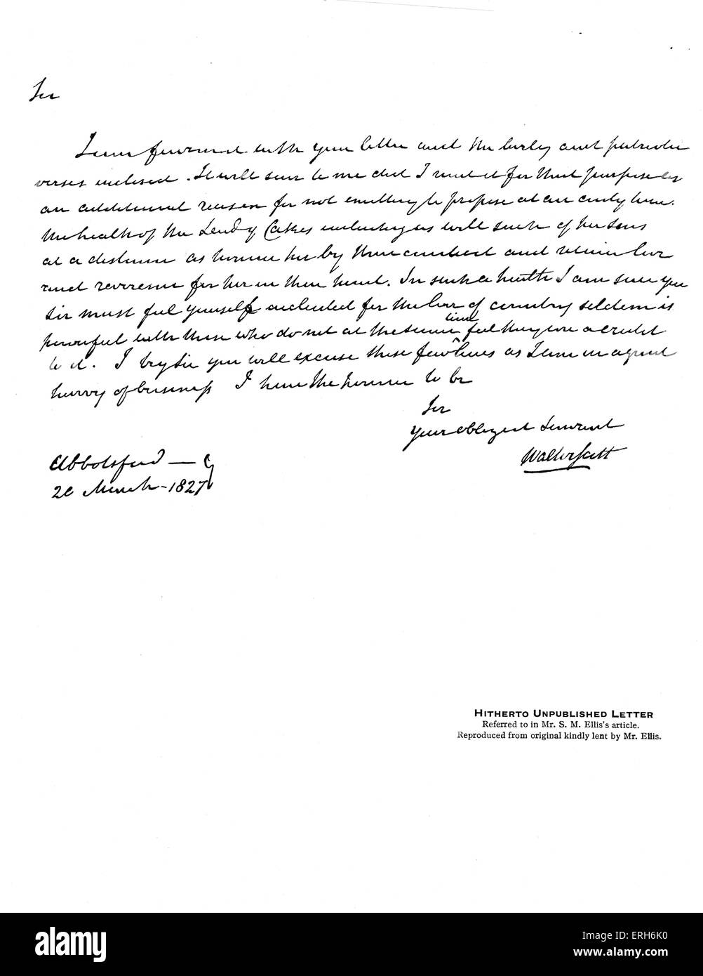 Lettera firmata da Sir Walter Scott datato 20 marzo 1827. Sir Walter Scott romanziere scozzese: 15 agosto 1771 - 21 Settembre Foto Stock