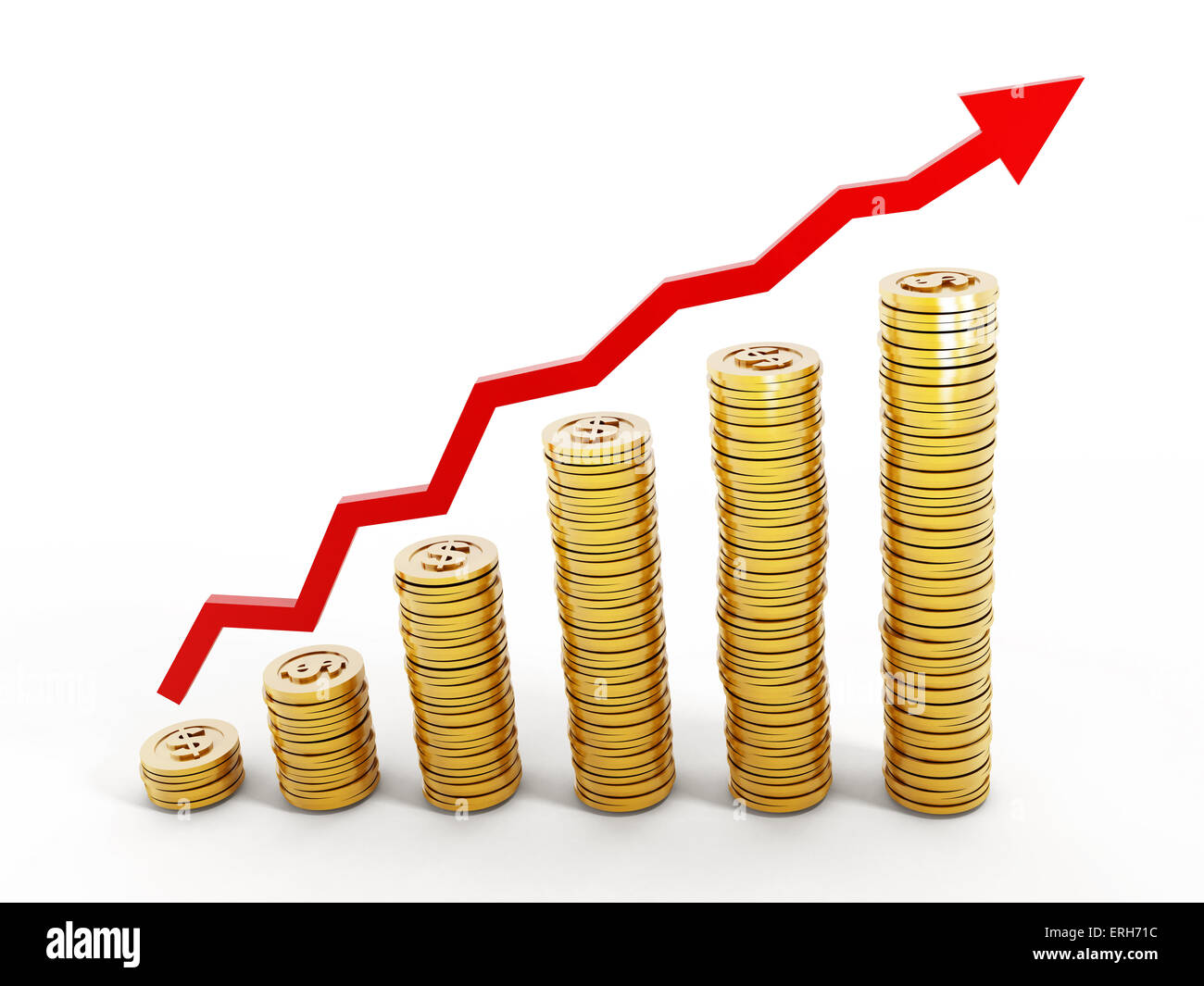 Pila di monete con freccia ascendente. Foto Stock