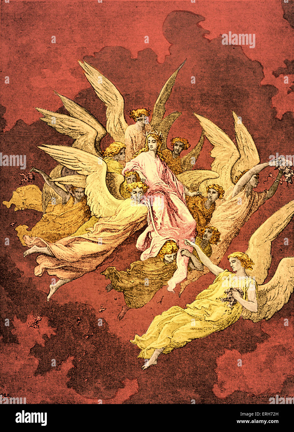 Dante di purgatorio, parte della sua Divina Commedia. Illustrazione di Gustave Doré. Didascalia: "Così, in una nuvola di fiori che da Foto Stock