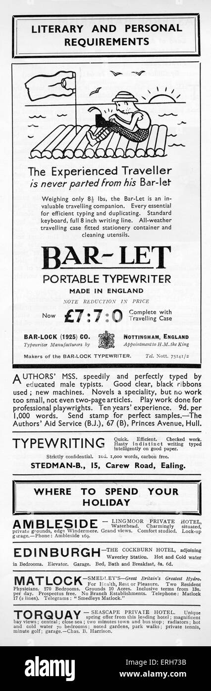 Pubblicità per Bar-Let macchina da scrivere portatile, 1934, tag line: ' Il viaggiatore esperto non è mai separarsi dai suoi bar-let '. Foto Stock