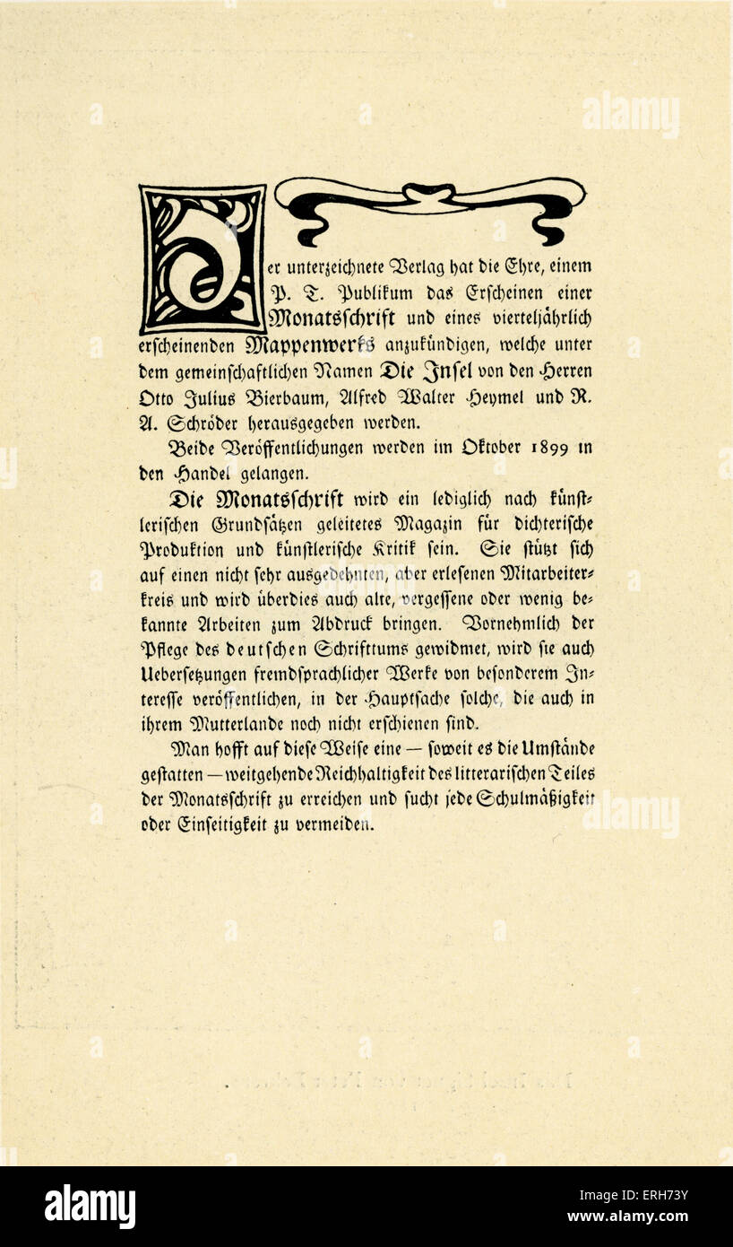 La prima pagina di annuncio del Die Insel ('isola) - letterario tedesco e arte rivista pubblicata a Monaco di Baviera dal 1899 Foto Stock
