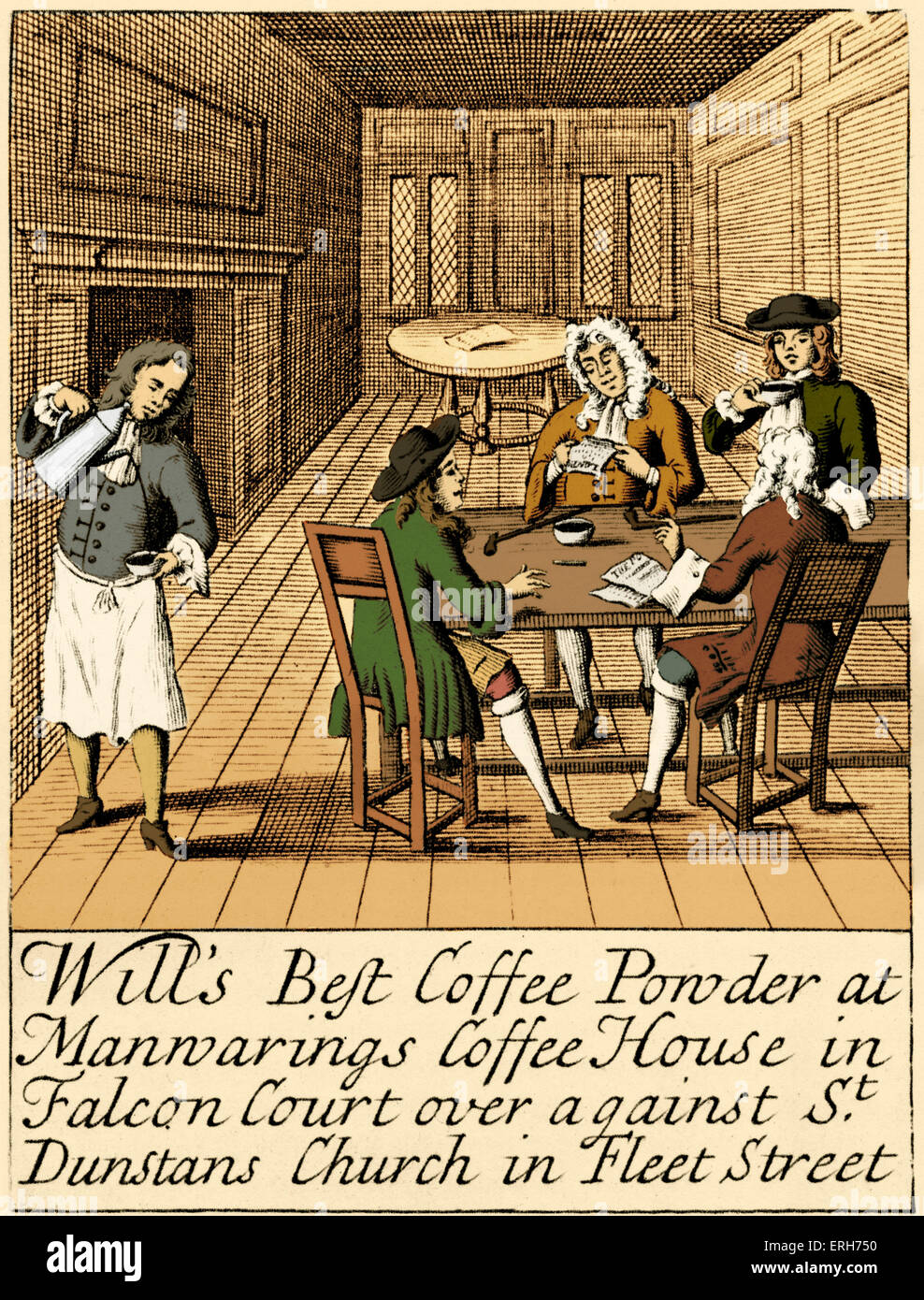 Pubblicità per London Coffee House - c. 1700. Gli uomini indossando parrucche. Si legge: "Sarà meglio la polvere di caffè al Caffè Manwarings House Foto Stock