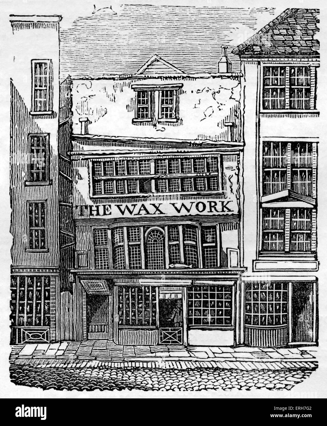Esterno anteriore della signora del salmone Waxwork mostra, Fleet Street, Londra, 1795-1816. Conteneva 140 life-size figure presentate dalla onorevole Foto Stock